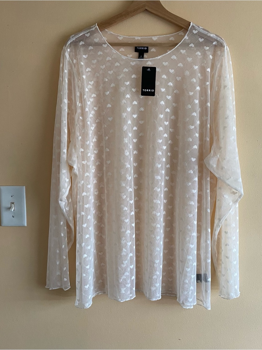 Torrid Sheer Heart Mesh Crew Neck Long Sleeve Top 4X Cream Festival 2025 NEW - Picture 2 of 14